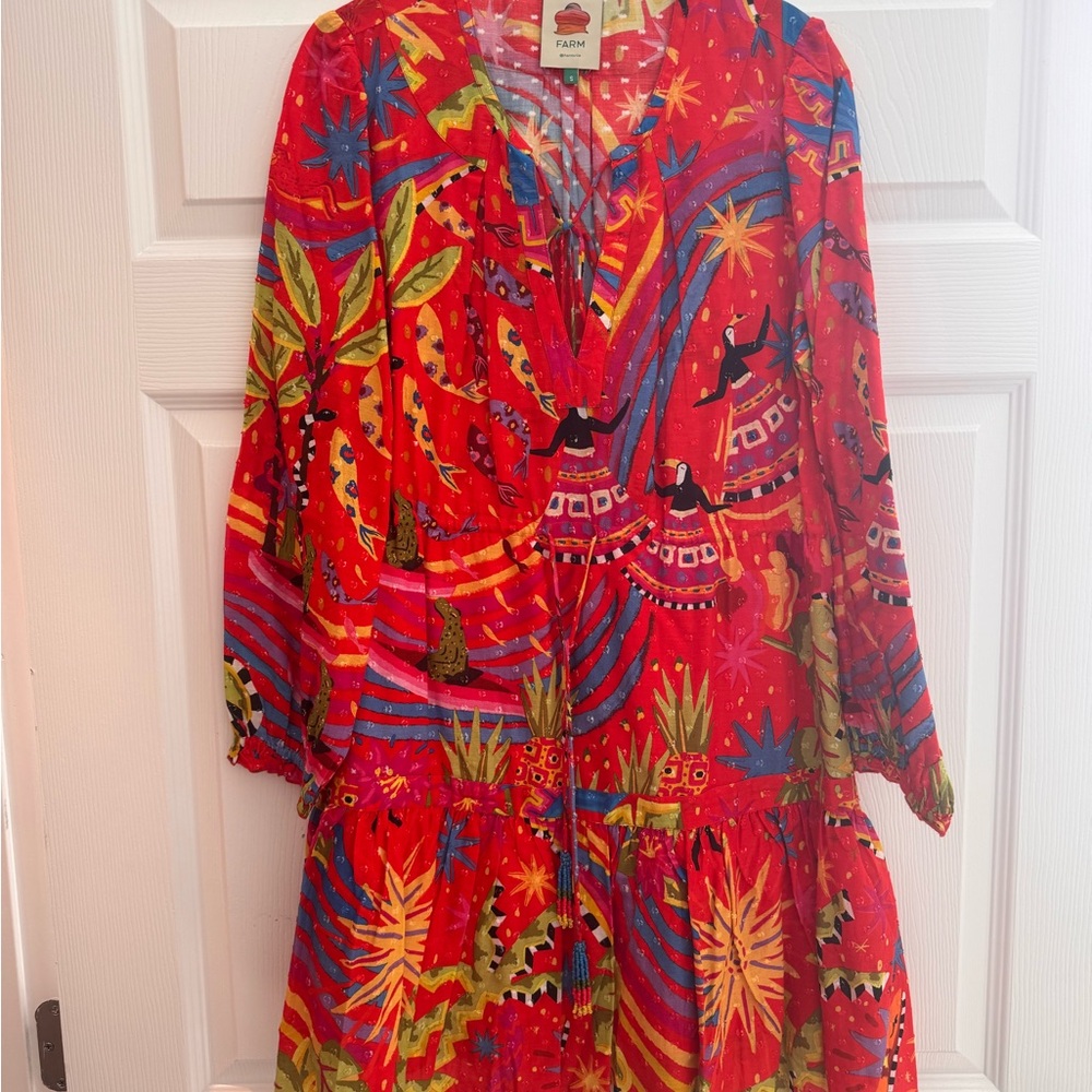 FARM RIO RED MAGIC FOREST V NECK MINI DRESS